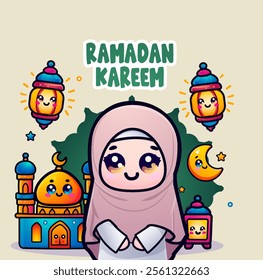 A cute little girl saying "Ramadan Kareem" with a lovely mosque, adorable stars, charming lanterns, and a cheerful crescent