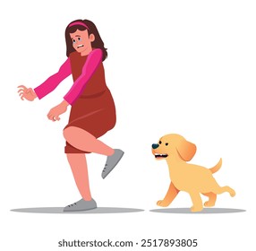 menina bonita assustada porque perseguido pelo cão mau. ilustração vetor