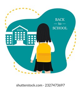 Cute little girl with school backpack go to school. Back view. schoolchild or schoolkid with backpack walking to school. Concept of Back to school. Flat vector illustration