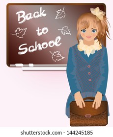 Cute little girl with school bag, vector illustration
