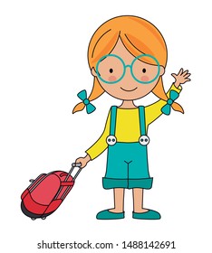 Cute little girl with school bag with wheels. Isolated vector