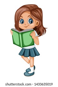 Cute Little Girl in School Clothes Reading a Book. Cartoon Vector Illustration of a Student with a Book Isolated on White Background. Back to School Concept