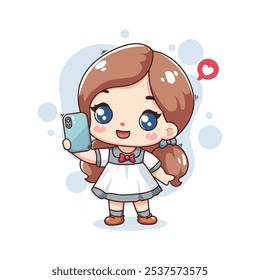 Cute little girl in school uniform using smartphone. Vector illustration.