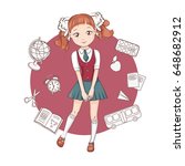 Cute little girl in school uniforms. Hand drawn illustration isolated on white background.