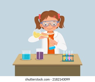 cute little girl scientist with safety goggles mixing chemical liquid in flasks doing science project chemistry experiment in the laboratory