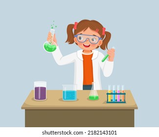 Cute Little Girl Scientist With Safety Goggles Holding Chemical Liquid In Flasks Doing Science Project  Chemistry Experiment In The Laboratory