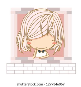 Cute little girl seeing view through a window. Vector illustration, character design.