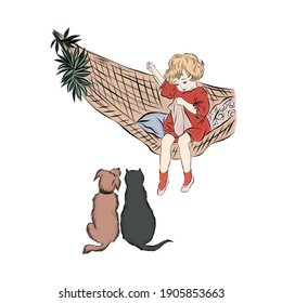 Cute little girl sews while sitting in  hammock. Kid with cat. Vector illustration for children's book 
