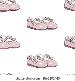Cute Little girl shoes with pink bows seamless pattern.  first baby shoes or baby steps.