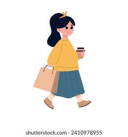 Cute little girl with shopping bags and coffee cup vector Illustration
