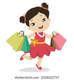 cute little girl shopping happily on her summer holiday on white background for kids fashion artworks, children books, birthday invitations, greeting cards, posters. Summer activity. Vector file.