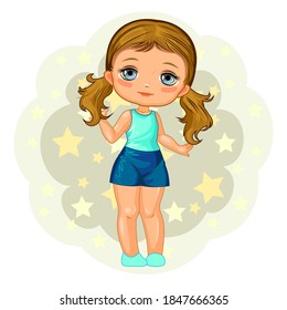 A cute little girl in shorts and a T-shirt. Cheerful funny child in a good mood. The isolated object on a white background. Young baby. Cartoon flat style. Asterisks. Vector