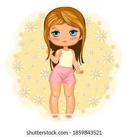 A cute little girl in shorts and a T-shirt. Cheerful funny child in a good mood. The isolated object on a white background. Young baby. Cartoon flat style. Flowers. Vector