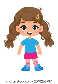A cute little girl in shorts and a T-shirt with dark hair. Vector illustration of a character in a cartoon children s style. Isolated funny clipart. Cute print