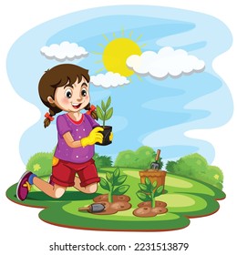 linda niña con palas plantando plántulas de árboles jóvenes en el jardín. Caricatura de una linda niñita plantando una planta. Feliz jardinería infantil. Concepto de protección de la naturaleza. linda niña que cultiva una planta,  