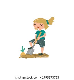 Cute little girl with shovel working in her garden. Happy kid doing gardening and horticulture. Funny farmer, children activity outdoor. Cartoon vector illustration, isolated on white. Flat design 