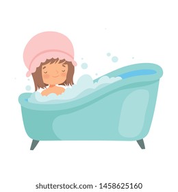 Cute Little Girl with Shower Cap Taking Bath in Bathtub Full of Foam, Adorable Kid in Bathroom, Daily Hygiene Vector Illustration