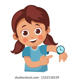 cute little girl showing her wrist watch. Happy child shows a time. Cartoon vector illustration