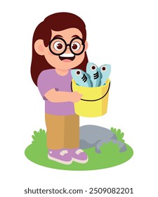 cute little girl showing her catch fishes isolated