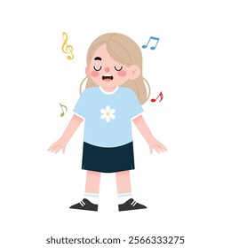 Cute Little Girl Singing Blonde Hair Cartoon Illustration Happy Child Musical Notes