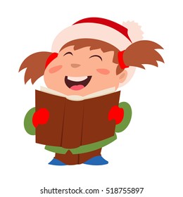Cute little girl singing Christmas carols. Vector illustration on white background.
