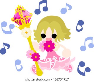 A cute little girl singing and the magic stick of cosmos