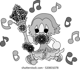 A cute little girl singing and the magic stick of cosmos