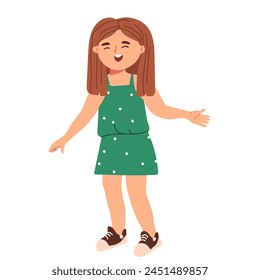A cute little girl sings a song. The character of the little singing girl. Singing in choir, vocal talents, music school. Flat vector illustration on white background