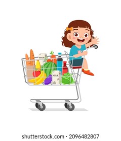 cute little girl sit on shopping cart