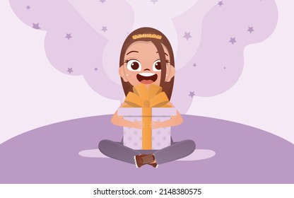 A cute little girl sits in a lotus position with a gift in her hands. Vector.