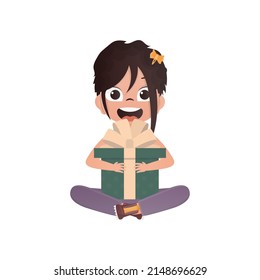 A cute little girl sits in a lotus position with a gift in her hands. Isolated. Vector.