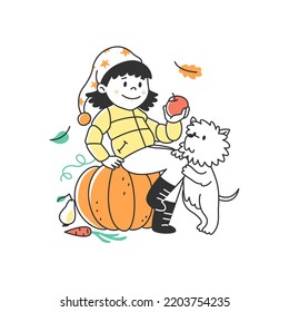 A cute little girl sits pumpkin   plays and her dog  Child and pet  Autumn illustration linear flat style doodle  Thanksgiving Day