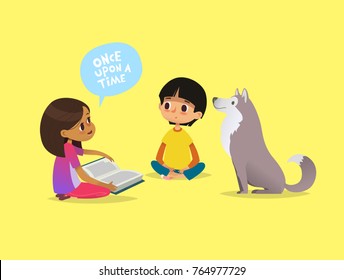 Cute little girl sits on floor and tells fairytale to her friend and pet dog. Kids reading fairy tales book. Concept of educational activity for children. Cartoon vector illustration for poster.