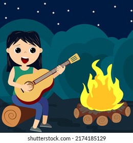 cute little girl sits and plays the guitar by the fire at night. Vector illustration of flat people.