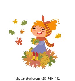 Cute little girl sitting among foliage. Happy female kid in warm scarf, boots and glasses, she holding autumn leaves. Cartoon child, hand drawn vector illustration isolated on white. Flat design