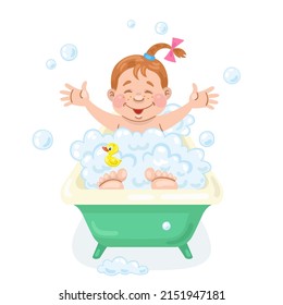 Cute little girl is sitting in the bath. Plays with soap foam and rubber duck. In cartoon style. Isolated on white background. Vector illustration