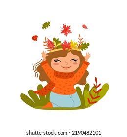 Cute little girl sitting in grass with colorful fall leaves. Funny female kid in warm sweater and scarf in autumn. Happy cartoon child in park, hand drawn vector illustration, isolated. Flat design  