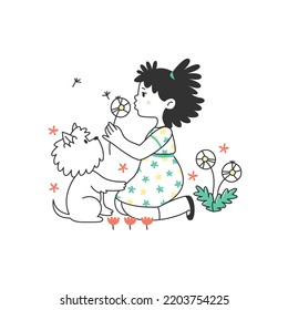 A cute little girl is sitting with her dog. A child with a pet in a clearing, a lawn with flowers. Summer illustration linear flat style doodle.