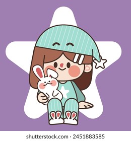 Cute Little Girl Sitting and Hugging White Rabbit Doll Doodle Wearing Pajama Illustration