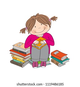 Cute little girl sitting on the pile of books, surrounded of books, enjoying reading - original hand drawn illustration