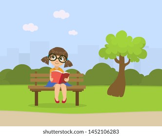 Cute Little Girl Sitting on Bench in Park and Reading Book Vector Illustration