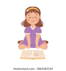 Cute Little Girl Sitting on Floor and Reading Book, Preschool Girl Enjoying Literature, Kids Education Concept Cartoon Style Vector Illustration