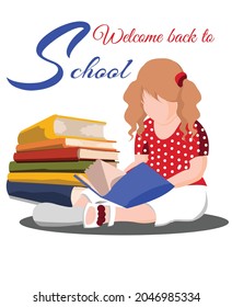 A cute little girl sitting on the floor read a book , next to her a bunch of colored books 
