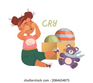 Cute little girl sitting on floor and crying. Verb expressing action, children education concept cartoon vector illustration