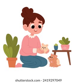 Cute little girl sitting on the floor and playing with her pet, cartoon vector illustration