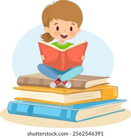 Cute little girl sitting on pile of books. Vector illustration.