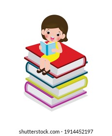 cute little girl sitting and reading a book on stack of books, happy pupil reading a book at a top of a books heap, kids back to school Flat Vector Illustration isolated on white background