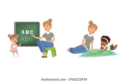 Cute Little Girl Sitting Studying and Learning Alphabet and Geography with Young Teacher Vector Set