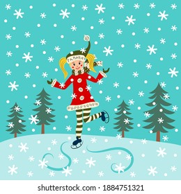 Cute little girl skates on ice outdoors, snow is falling. Cartoon character. Winter sport. Flat design. Vector illustration. 