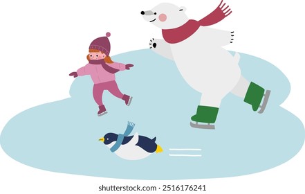 Cute little girl skating on the ice with winter animals